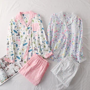 Тъкани памучни пижами, Дамски, с дълъг ръкав, Пижама Mujer с отложным яка Пижами Дамски пижами от картун Костюм на Домашна облекло Пижами