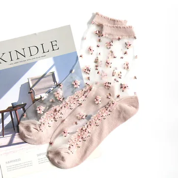 Ултра-тънки чорапи Летни Дамски Прозрачни дантелени копринени Кристални 1 двойка от Дишащи Розови цветя момичета Дамски еластични Къси дамски Сокс