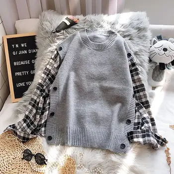 Фалшив пуловер от две части дамски есенно-зимни дрехи свободна свободна 2021 нова японската риза, зашити хеджирующая вязаная горната мода