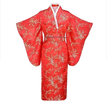 Червено Цвете с принтом Млада дама Японското традиционно кимоно Халат Рокля с дълъг ръкав Вечерна рокля за бала Сатен с халат на булката
