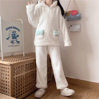 Японската зима Kawaii Пижамный комплект за момичета Сладък коралов руно с дълги уши Палто с цип плюшени панталони Топло удебелена мека домашно облекло за жени